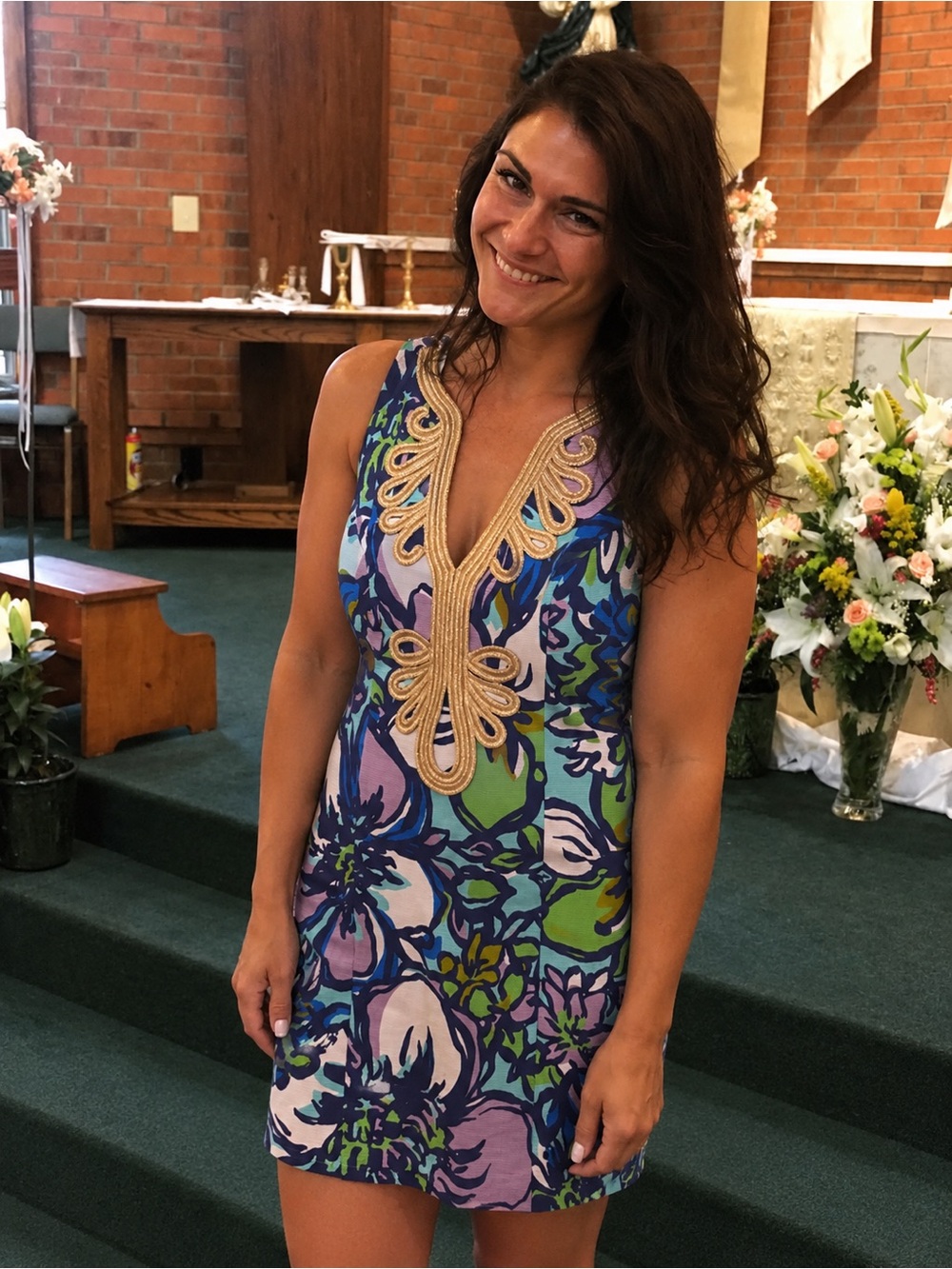 Lilly Pulitzer Blue, Green & Purple Floral V-Neck with Gold Trim
